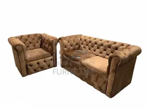 Velvet Button Tufted Chesterfield Sofa Set Brown Living Room Furniture