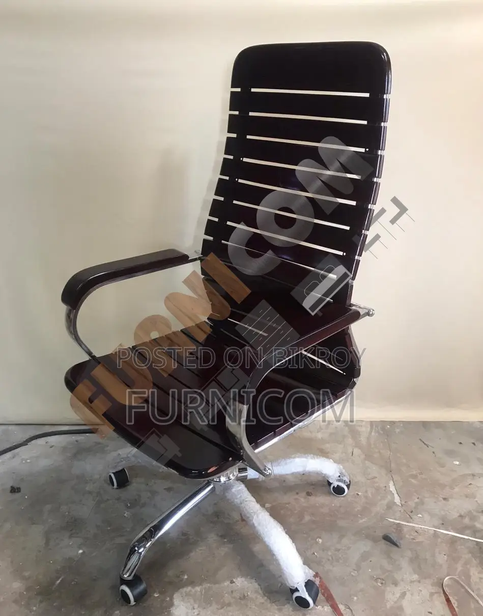 Curvy Linear Wooden Boss Cum Executive Chair Stainless Steel Mehogany 