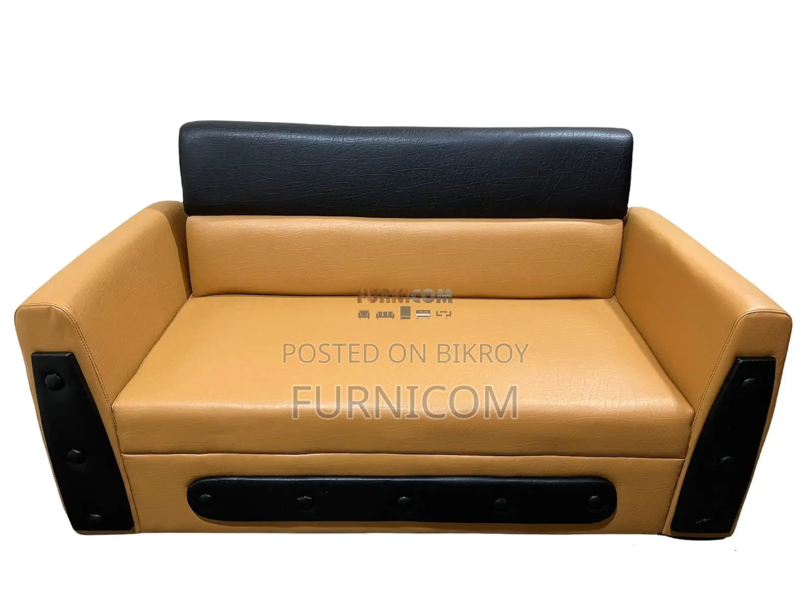 Living Room Sofa Set/ Faux Leather/ Mehogany Wood/ Orange Black