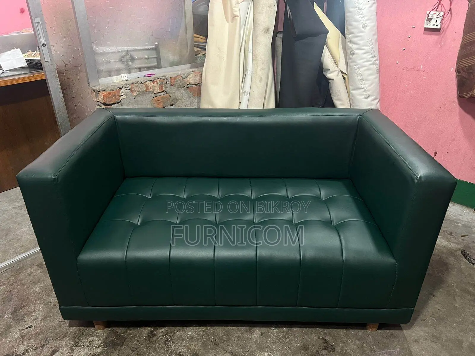 Furnicom Wooden Two Seater Leather Deep Green Sofa for Home & Office