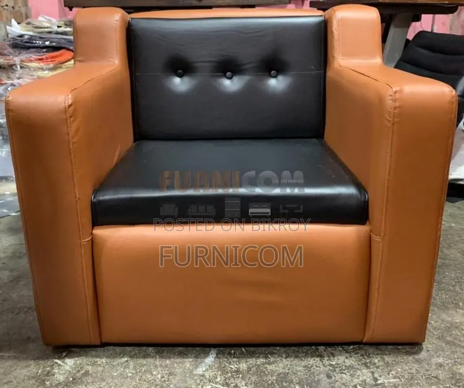 Button Tufted Living Room Sofa Set/ Faux Leather/ Mehogany Wood/ Orang