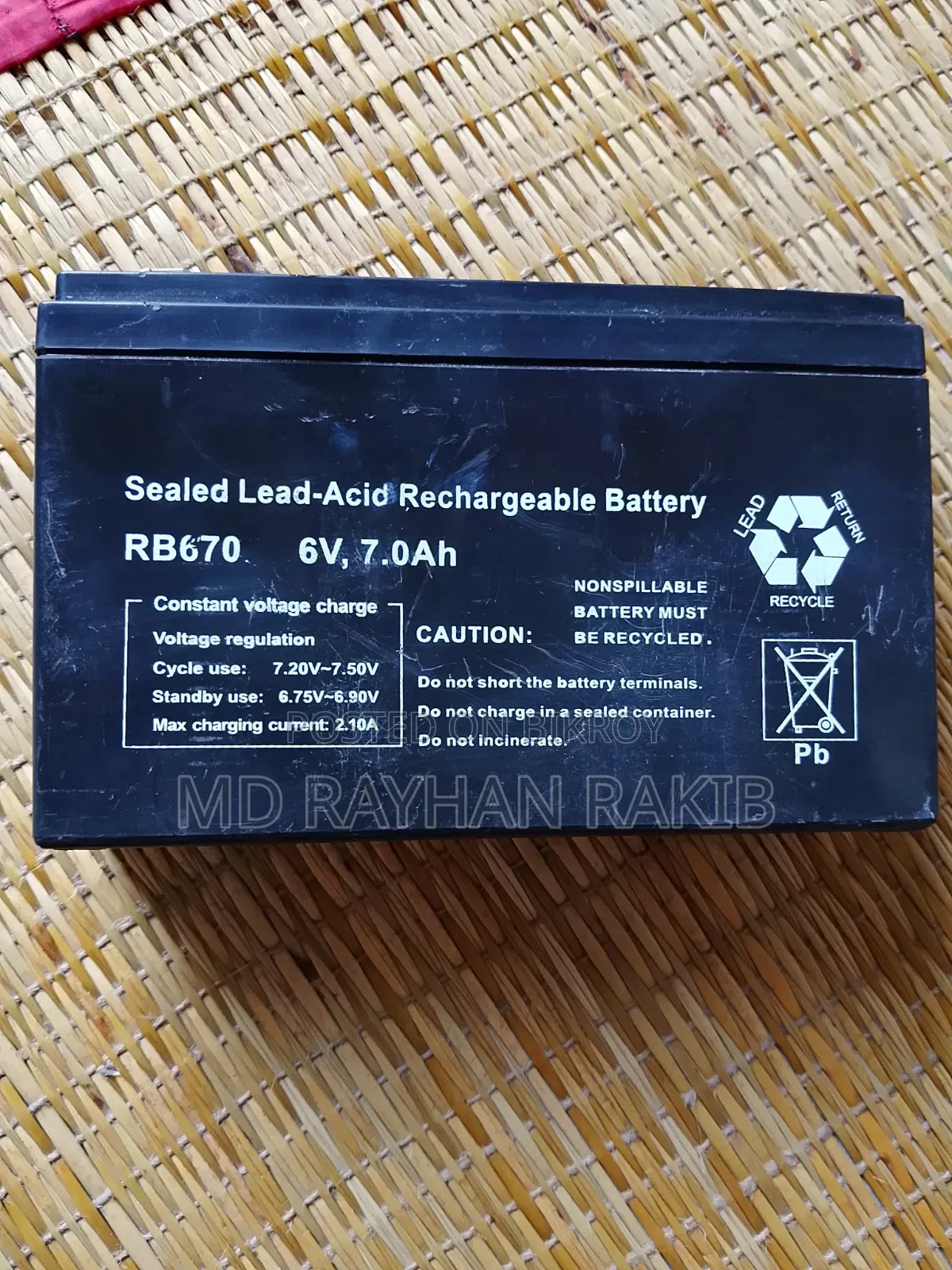 6V 7Ah Rechargeable Battery RB670 – Used but Good Condition