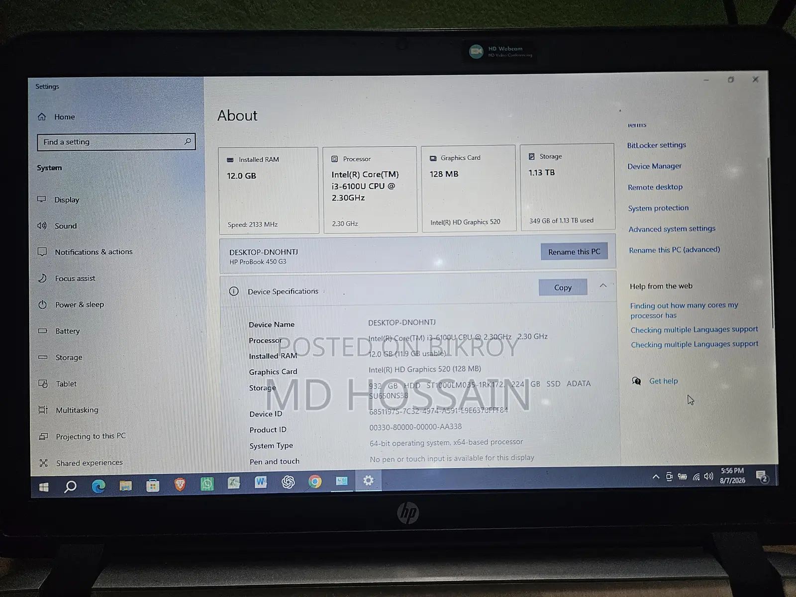 Laptop HP ProBook 450 G3 4GB Intel Core I3 HDD+SSD 1T