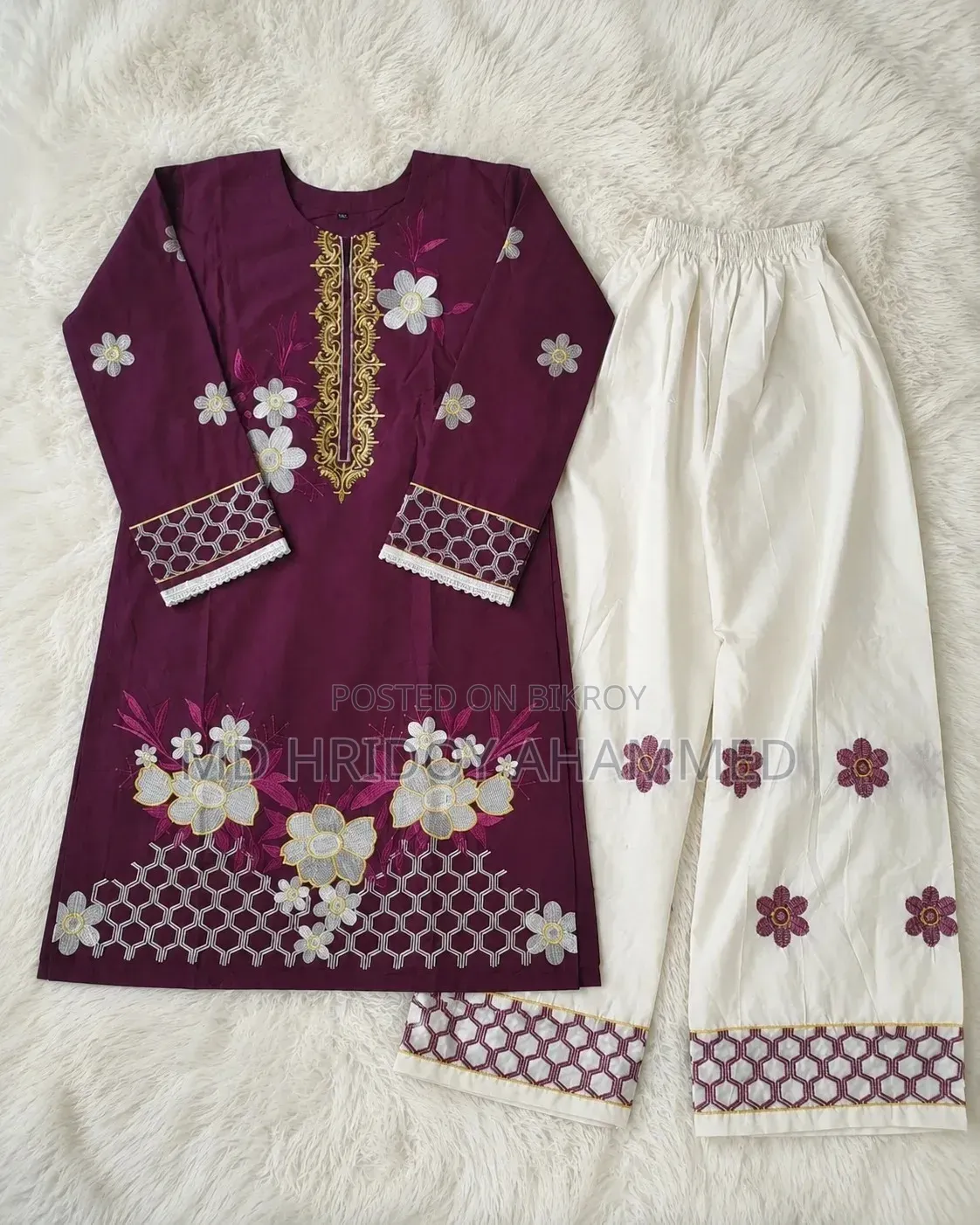 Pure Cotton Embroidered Kurti and Palazzo Set - Deep Maroon