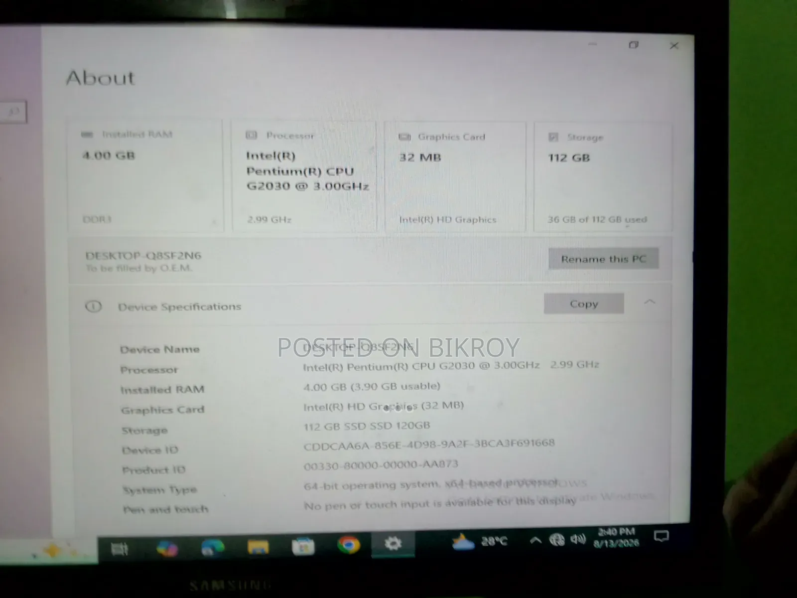 Desktop Computer 4GB Intel Pentium SSD 128GB