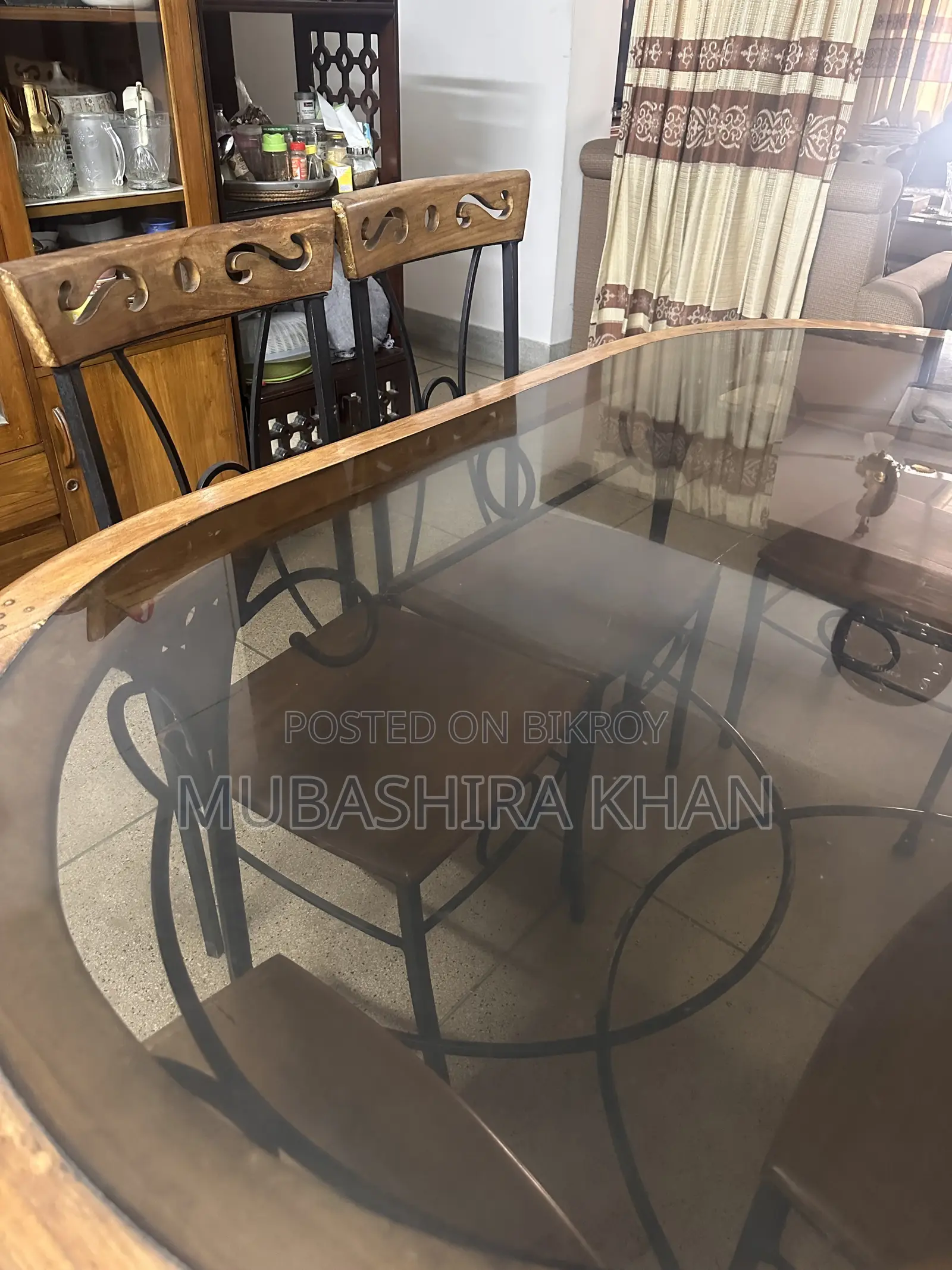 Dining Table With 6 Chairs – Glass Top, Wood & Wrought Iron