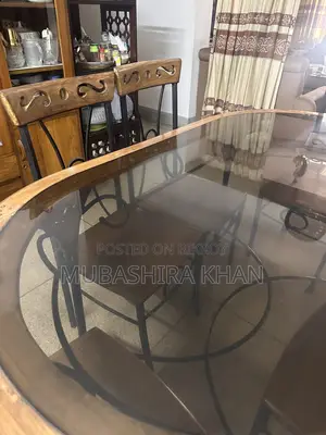 Dining Table With 6 Chairs – Glass Top, Wood & Wrought Iron