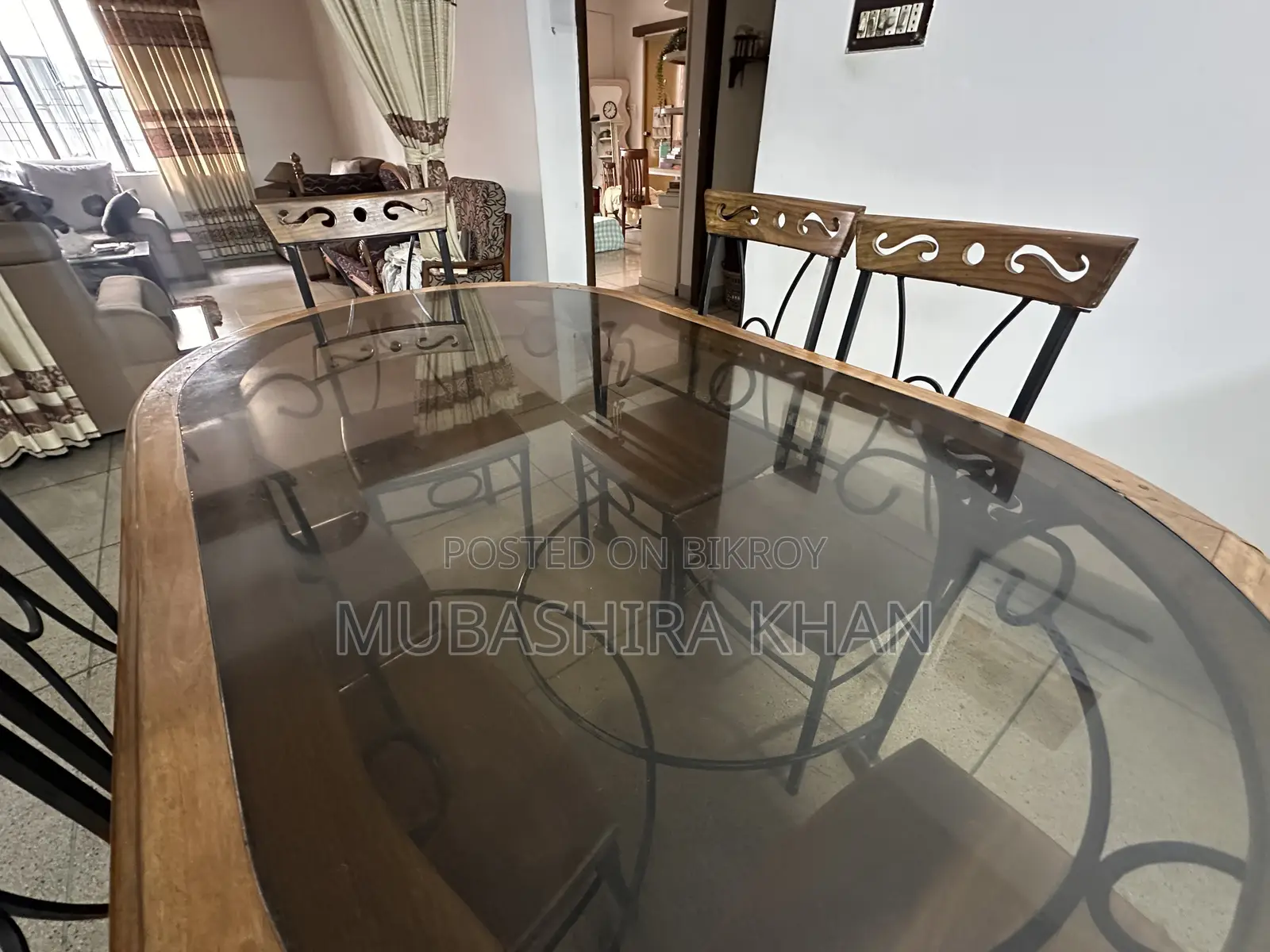 Dining Table With 6 Chairs – Glass Top, Wood & Wrought Iron