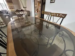 Dining Table With 6 Chairs – Glass Top, Wood & Wrought Iron