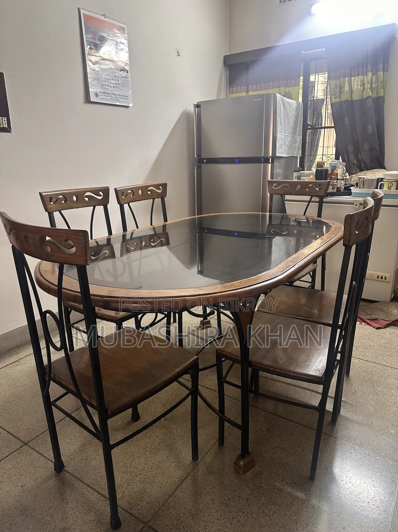 Dining Table With 6 Chairs – Glass Top, Wood & Wrought Iron