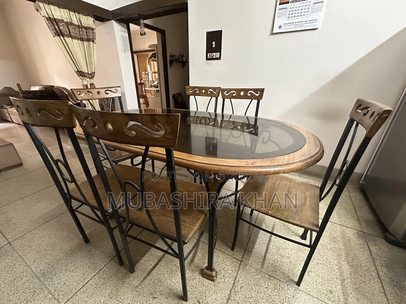 Dining Table With 6 Chairs – Glass Top, Wood & Wrought Iron