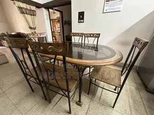 Dining Table With 6 Chairs – Glass Top, Wood & Wrought Iron