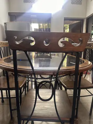 Dining Table With 6 Chairs – Glass Top, Wood & Wrought Iron