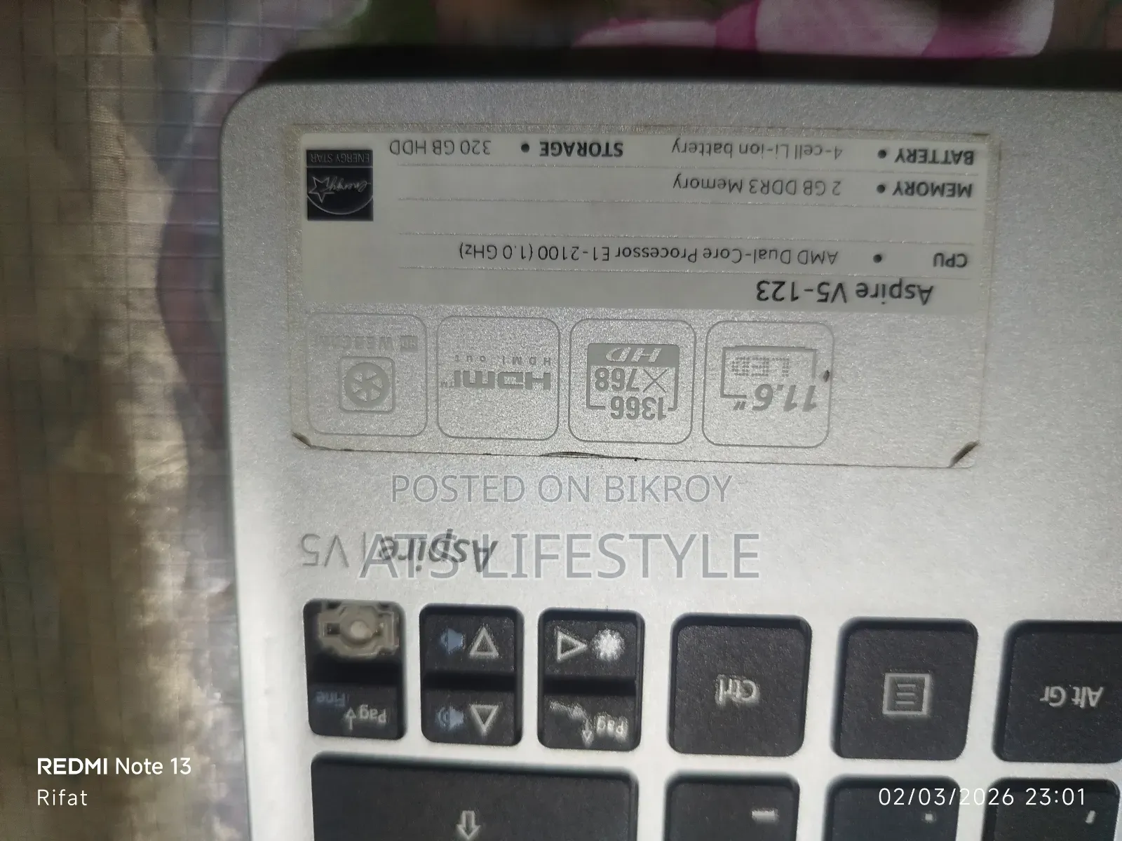 ল্যাপটপ Acer Aspire V5-123 2gb Amd HDD 320gb