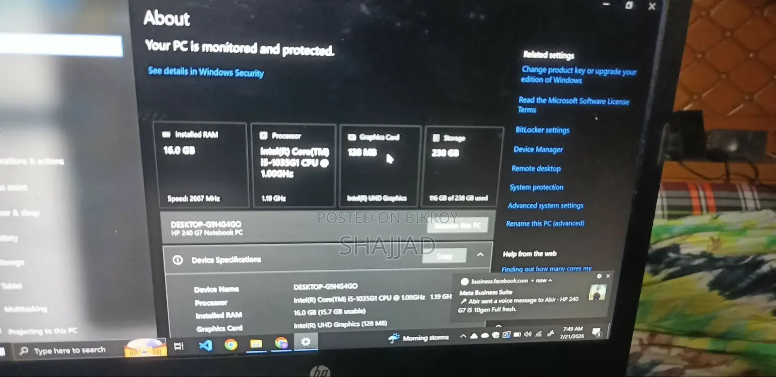 Laptop HP 240 G7 16GB Intel Core i5 SSD 256GB