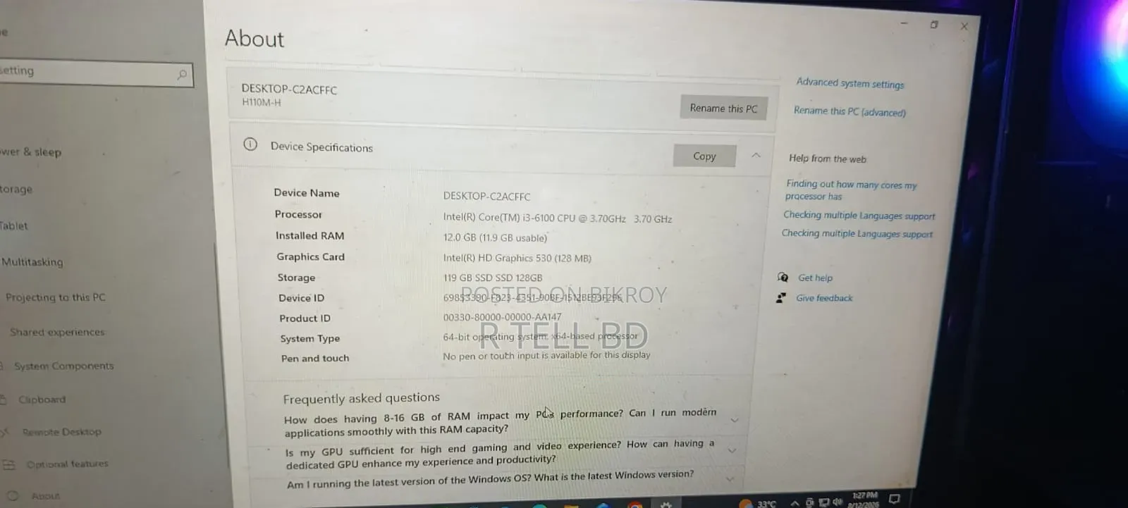 Desktop Computer Samsung 12GB Intel Core i3 SSD 128GB