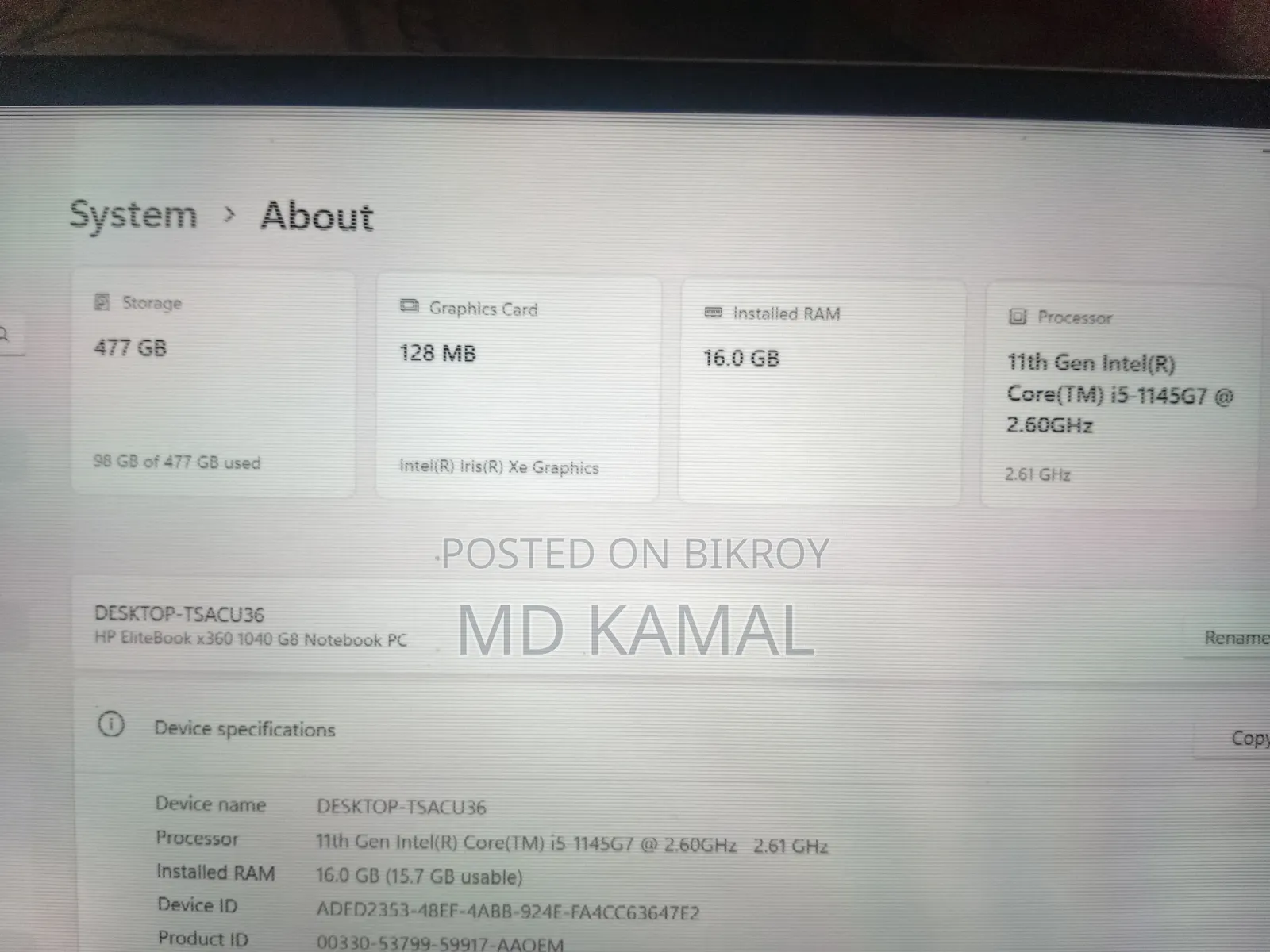 ল্যাপটপ HP EliteBook 1040 G8 16GB Intel Core I5 SSD 512GB