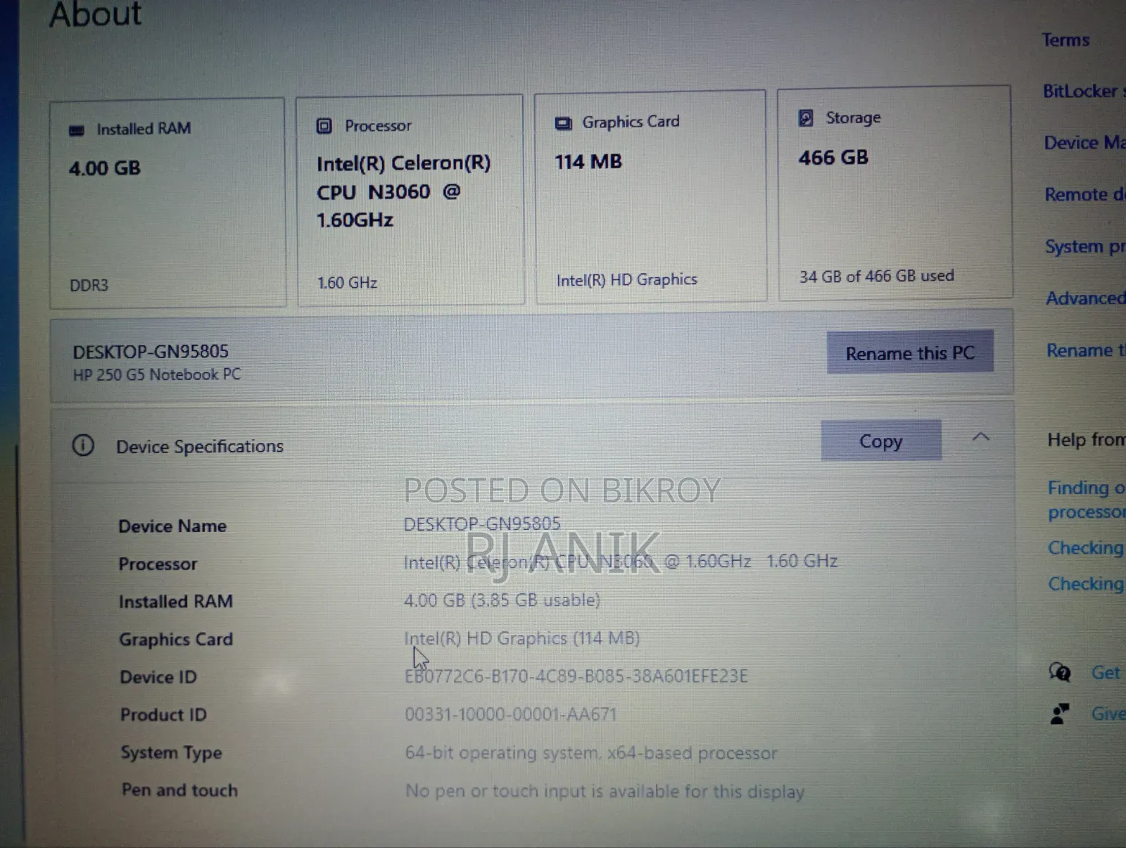 Laptop HP 4gb Intel SSD 128gb