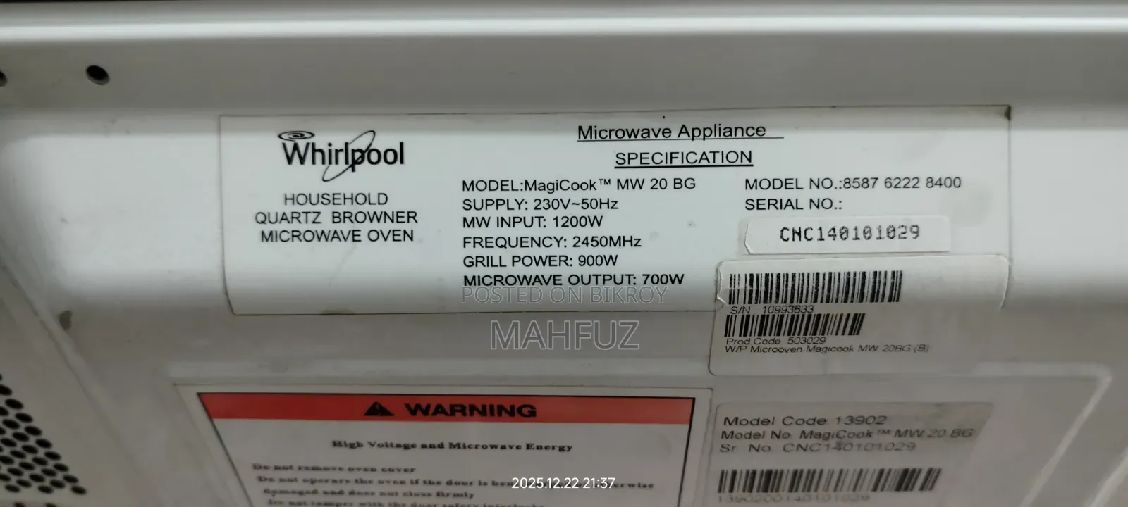 Whirlpool MagiCook 20L Microwave Grill Oven (Fresh Condition)