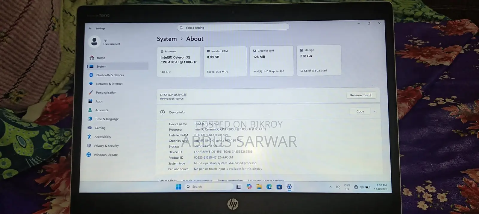 Laptop HP Probook 450 G6 8gb Intel SSD 256gb
