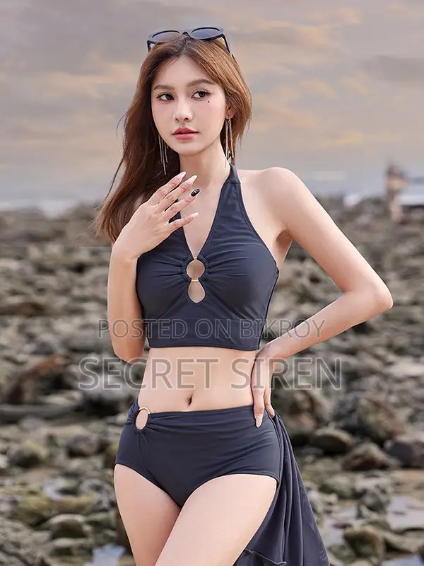 Halter Neck High Waist Bikini Set With Side Cover - Night Dress