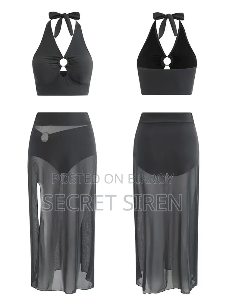 Halter Neck High Waist Bikini Set With Side Cover - Night Dress