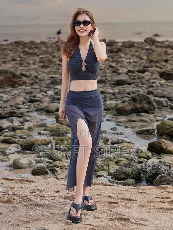 Halter Neck High Waist Bikini Set With Side Cover - Night Dress