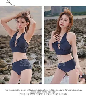Halter Neck High Waist Bikini Set With Side Cover - Night Dress