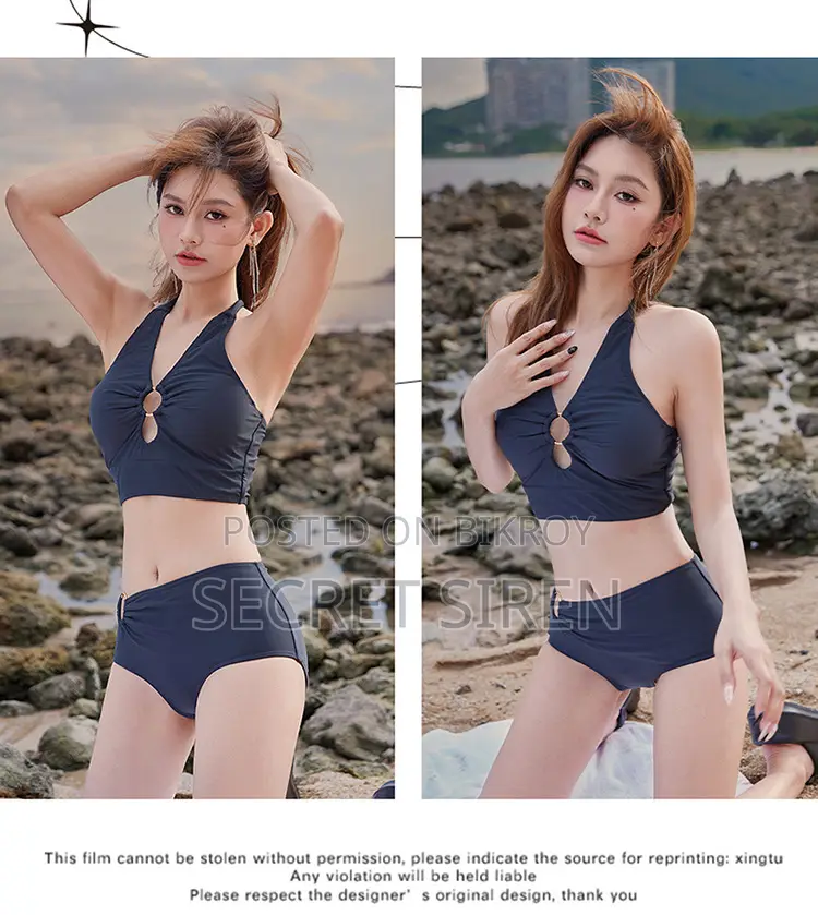 Halter Neck High Waist Bikini Set With Side Cover - Night Dress