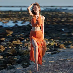 Halter Neck High Waist Bikini Set With Side Cover - Night Dress