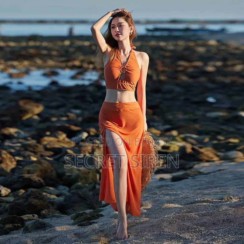 Halter Neck High Waist Bikini Set With Side Cover - Night Dress