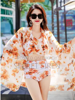 Women’s Floral Halter Neck High Waist Bikini Set With Beach Cover-Up