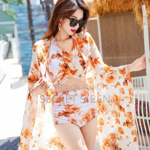 Women’s Floral Halter Neck High Waist Bikini Set With Beach Cover-Up