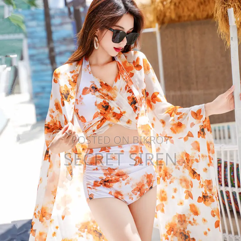 Women’s Floral Halter Neck High Waist Bikini Set With Beach Cover-Up