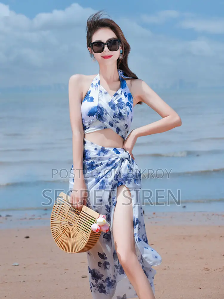 Women’s Floral Halter Neck High Waist Bikini Set With Beach Cover-Up