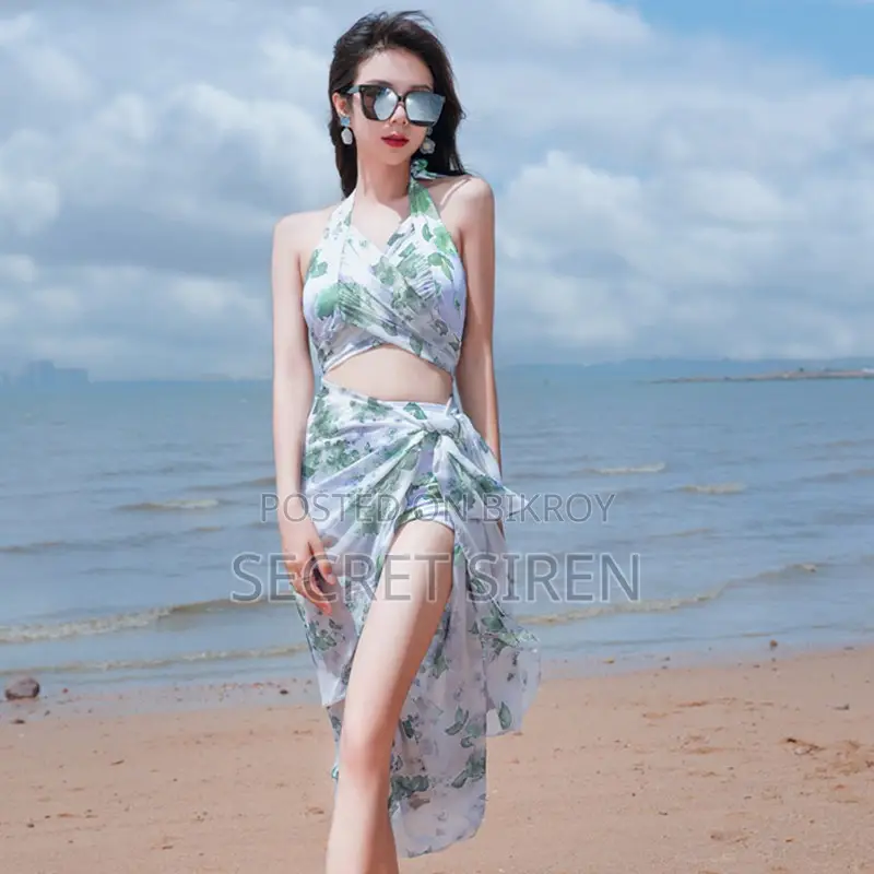 Women’s Floral Halter Neck High Waist Bikini Set With Beach Cover-Up