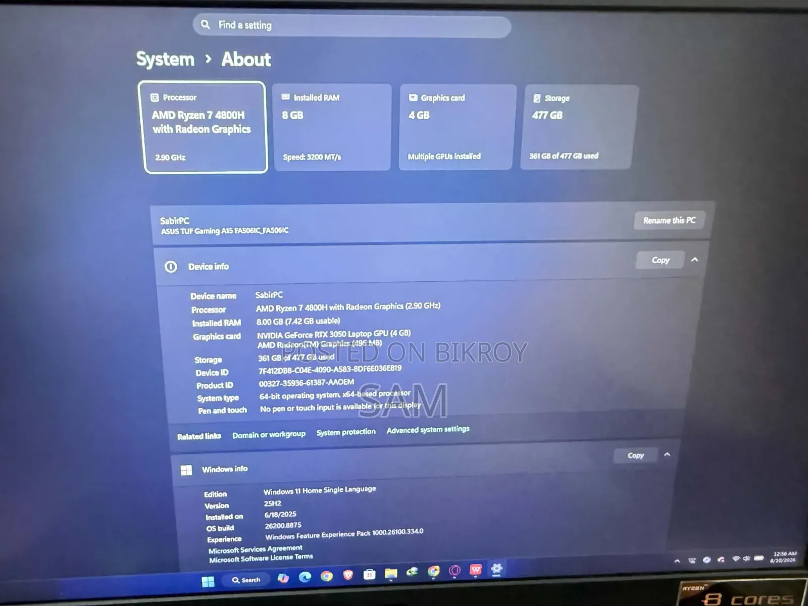 Laptop Asus TUF Gaming A15 8GB AMD Ryzen 7 SSD 512GB