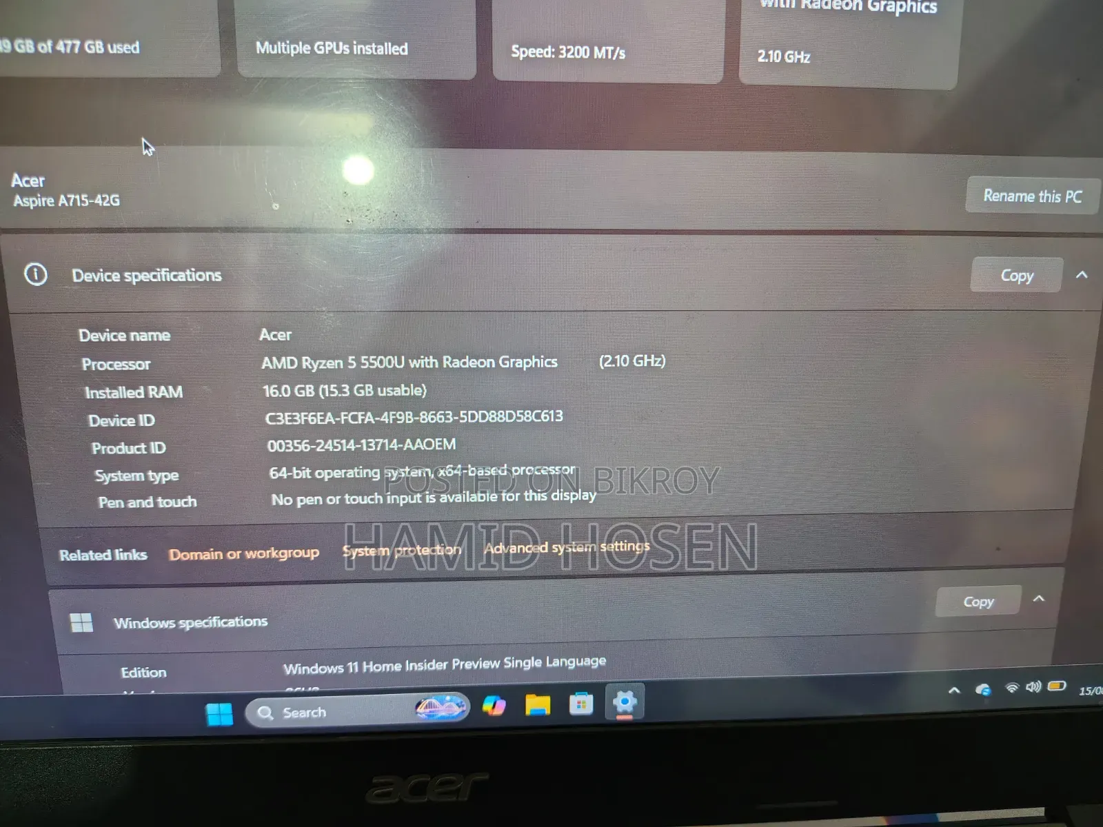 Laptop Acer Aspire 7 16GB AMD Ryzen 5 SSD 512GB