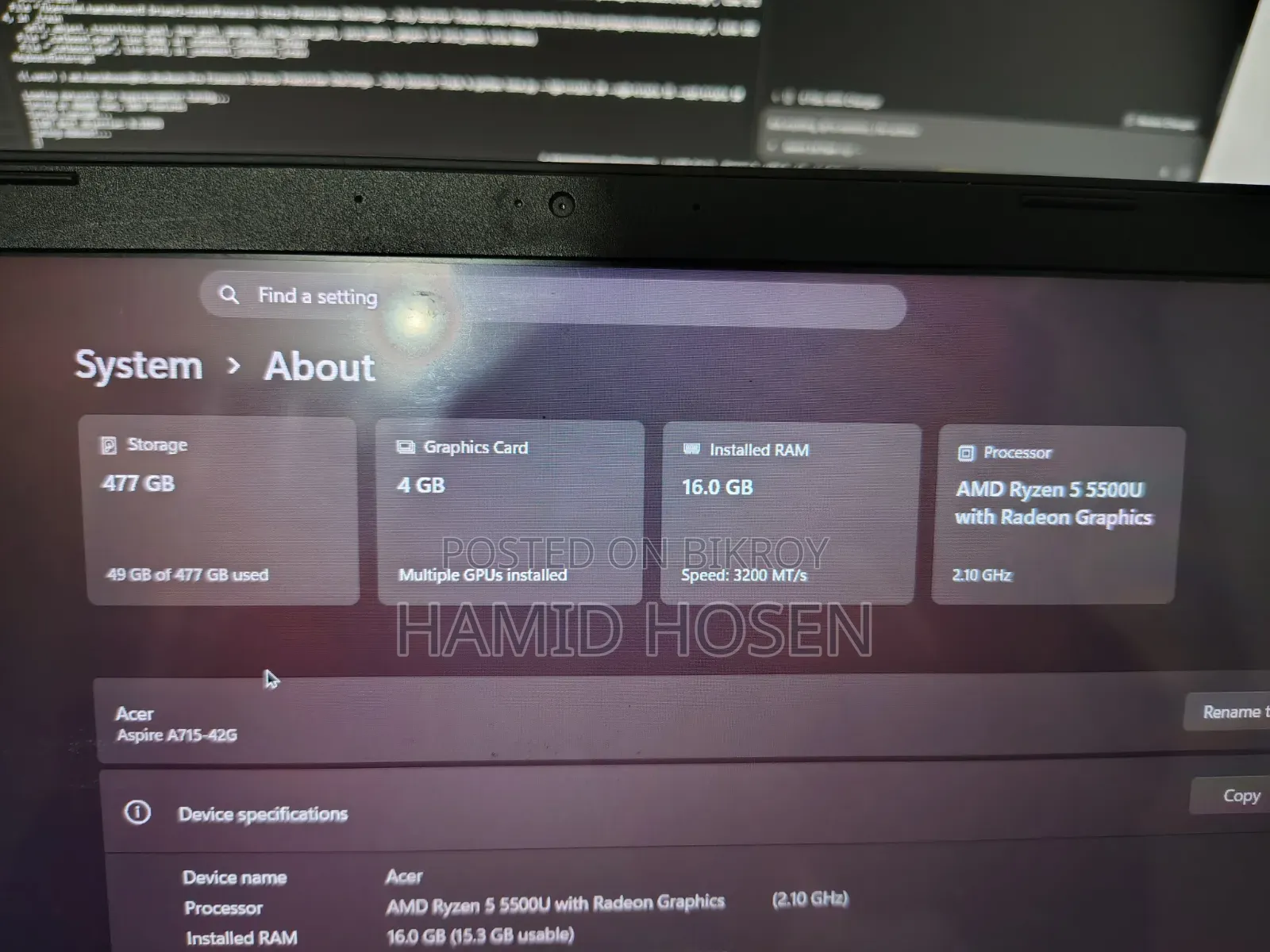 Laptop Acer Aspire 7 16GB AMD Ryzen 5 SSD 512GB