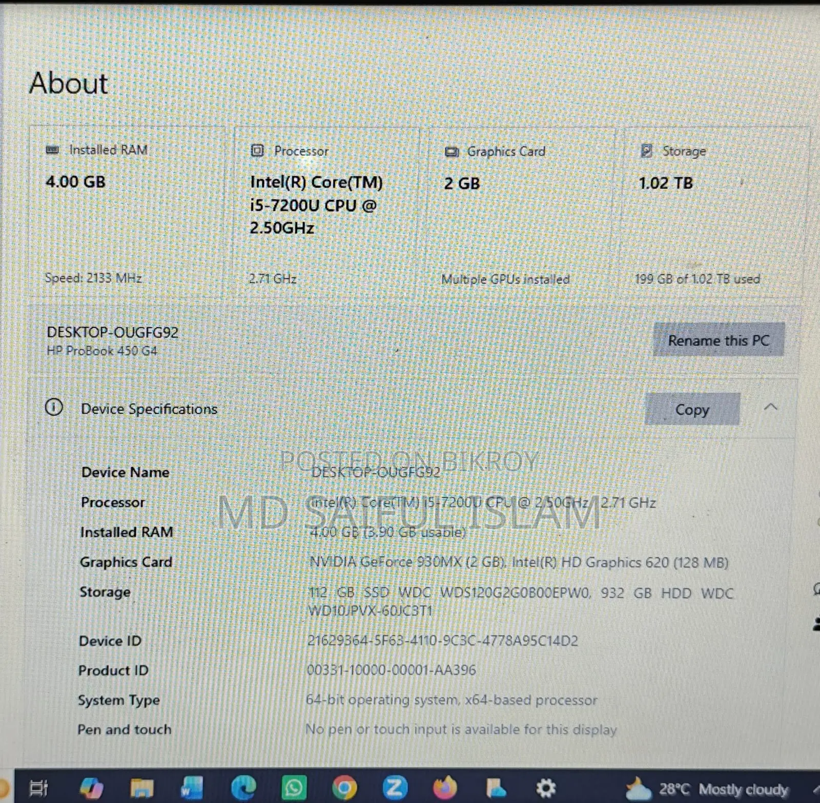 Laptop HP ProBook 450 G4 4GB Intel Core I5 HDD+SSD 1T