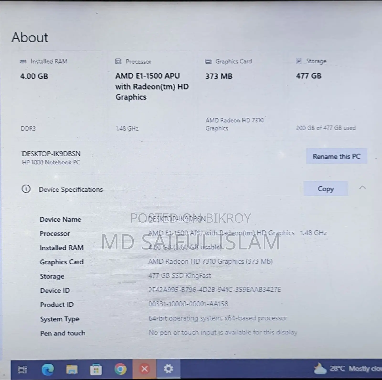 Laptop HP Mini 1000 4gb Amd SSD 500gb