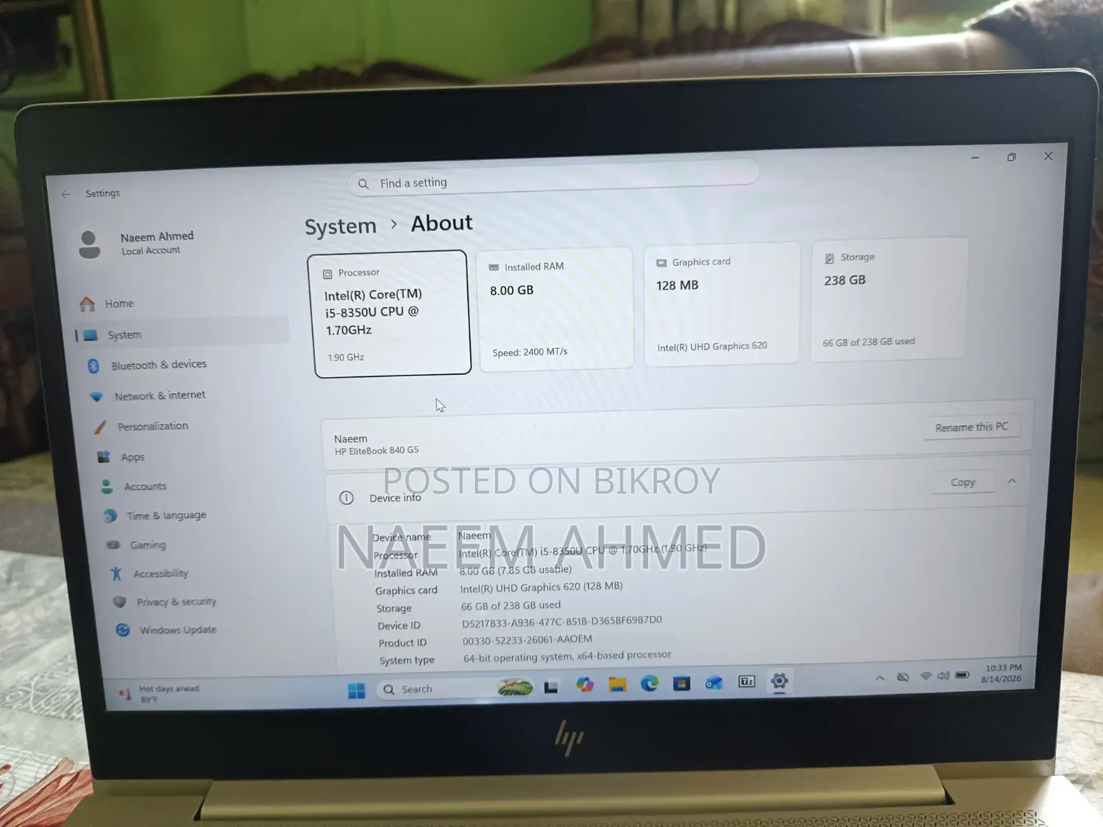Laptop HP EliteBook 840 G5 8GB Intel Core I5 SSD 256GB