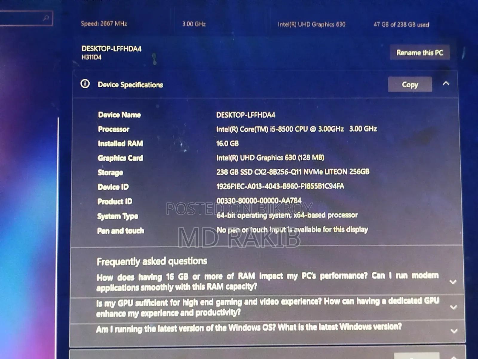 Desktop Computer 16GB Intel Core I5 SSD 256GB