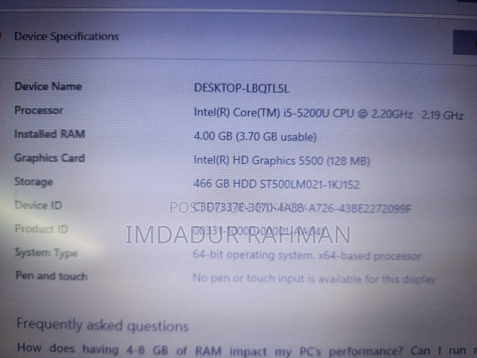 Laptop Lenovo ThinkPad X250 4GB RAM Intel Core i5 Processor 500GB Hard Disk Drive