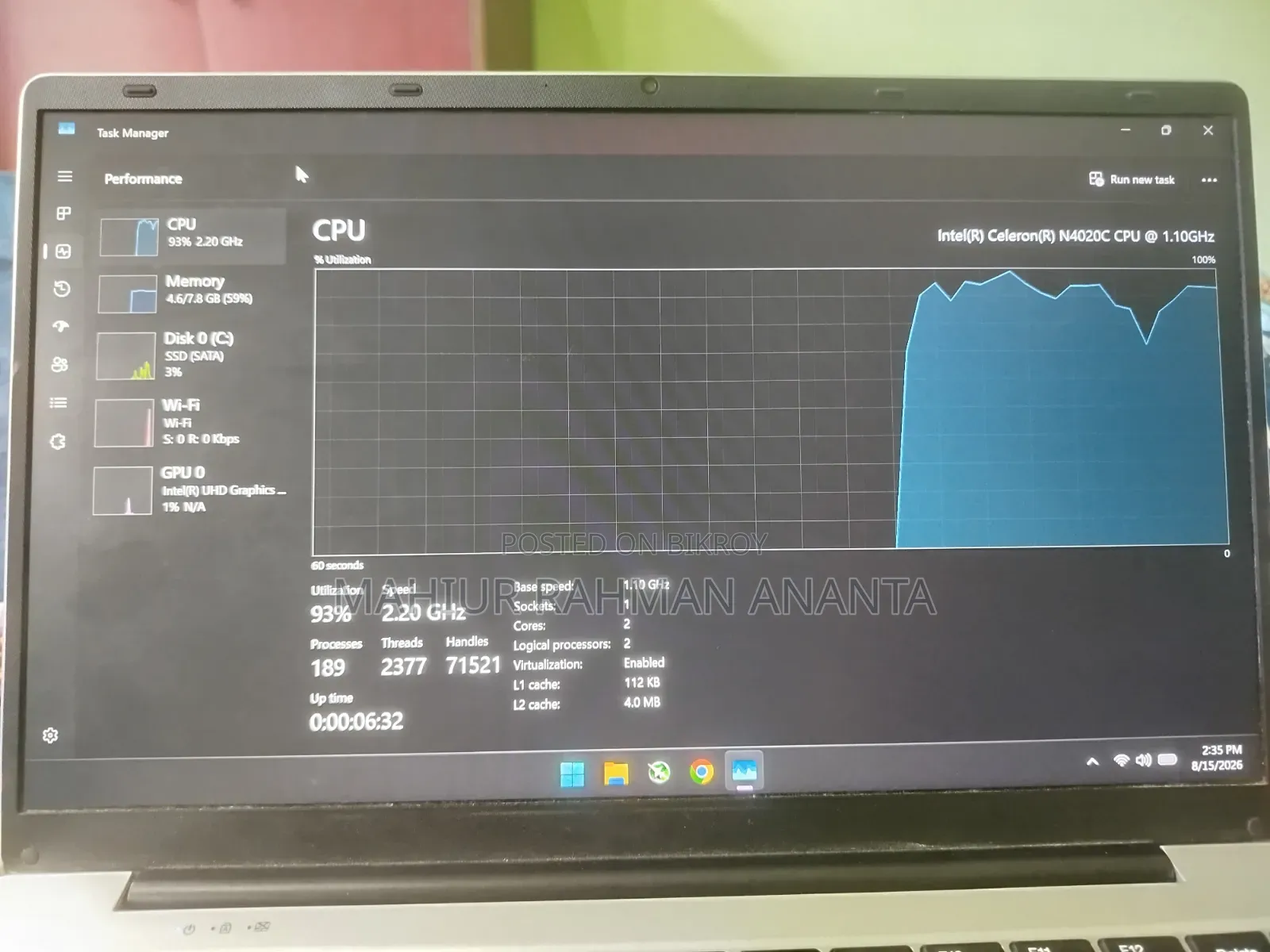 Laptop 8GB Intel Celeron SSD 512GB