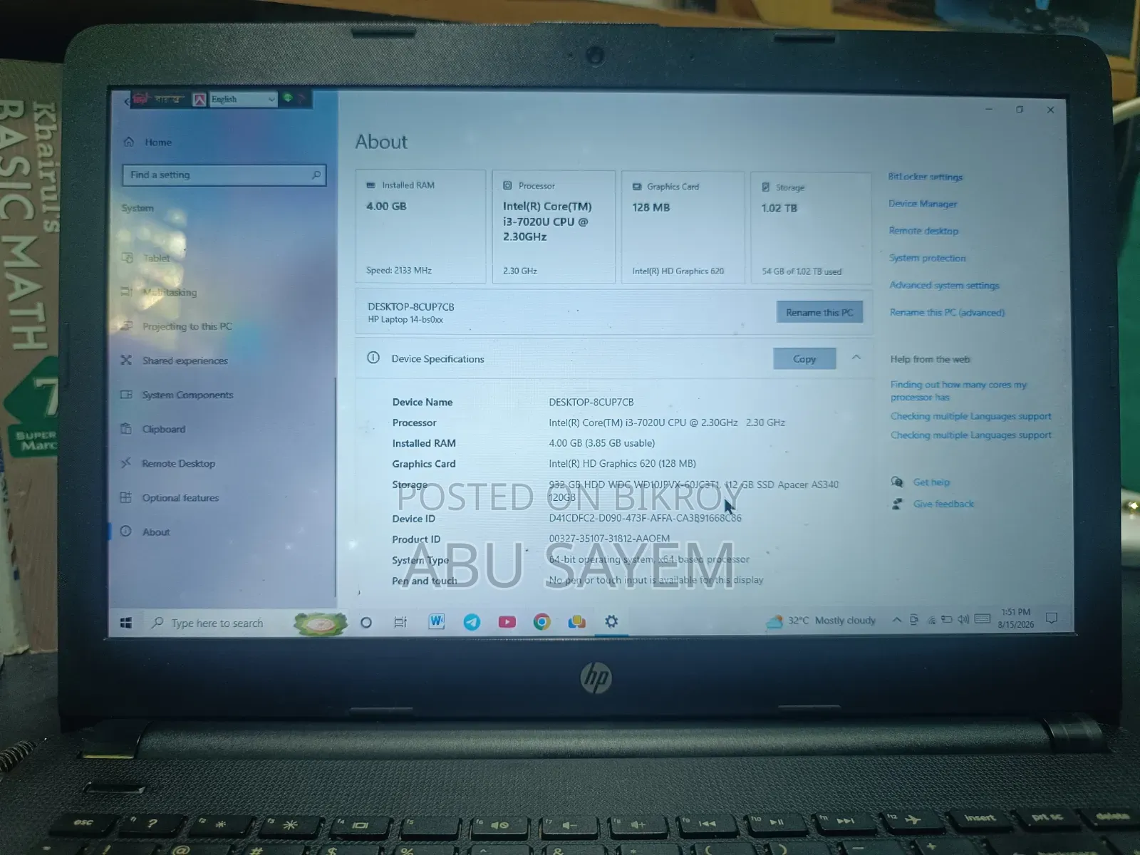 Laptop HP 14S 4GB Intel Core i3 SSHD+SSD 1.5T