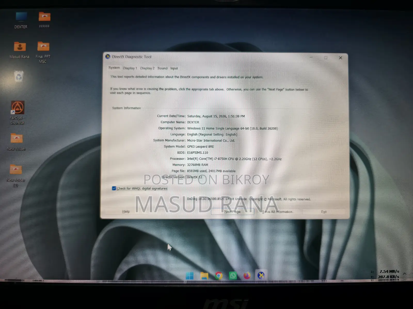 Laptop MSI GP63 Leopard 8RE 32GB Intel Core i7 SSD 750GB