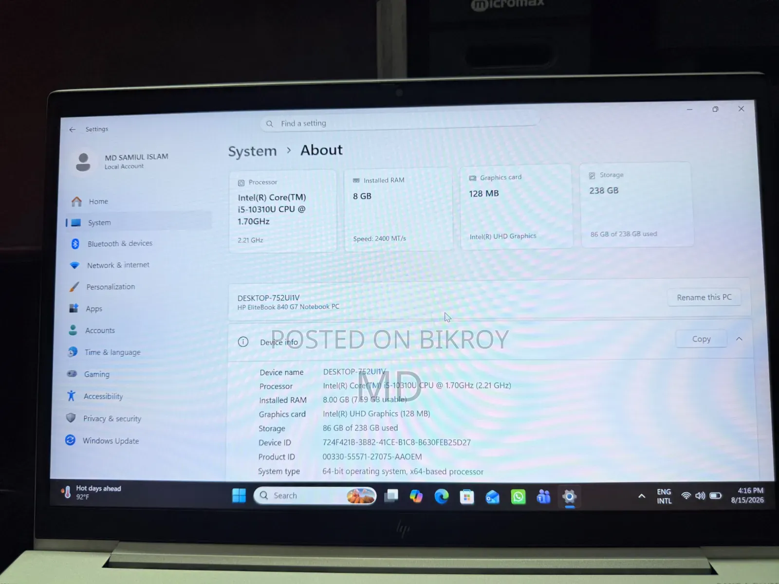 Laptop HP EliteBook 840 G7 8GB Intel Core i5 eMMC 256GB
