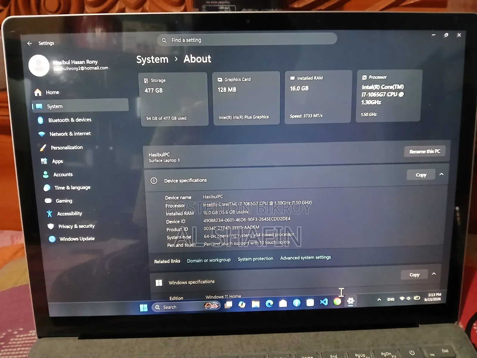 Laptop Microsoft Surface Laptop 3 16GB Intel Core I7 SSD 512GB