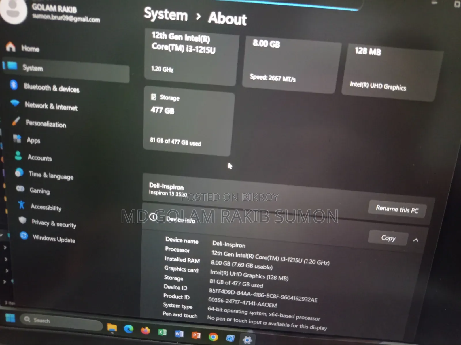 Laptop Dell Inspiron 15 8GB Intel Core I3 HDD+SSD 512GB